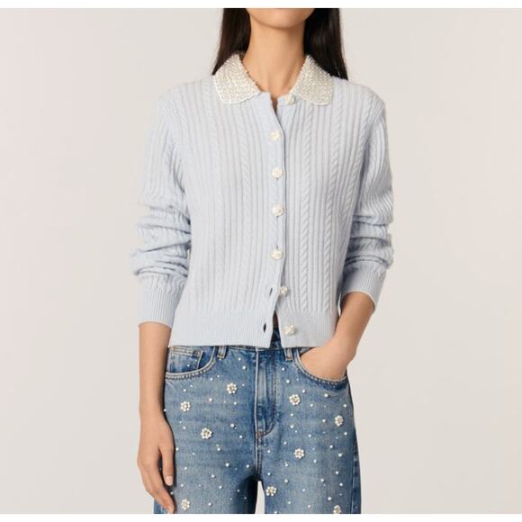 Maje Sz 3 US L Wool Cashmere Baby Blue Cable Knit Button Up Cardigan Sweater - Picture 1 of 12